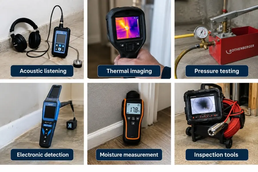 Six labeled tools used in leak detection: acoustic listening, thermal imaging, pressure testing, electronic detection, moisture measurement and inspection camera