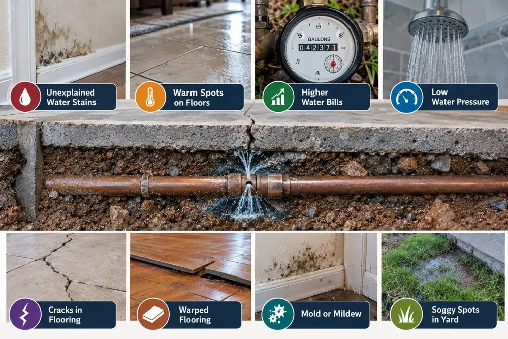Collage of common leak signs: water stains, warm floor spots, higher water bills, low pressure, cracked and warped flooring, mold and soggy yard patches, above a copper pipe leaking under a concrete slab