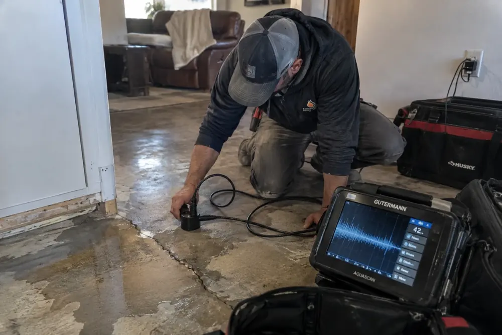 A technician pressing a listening sensor to a concrete floor while a handheld screen shows the sound signal