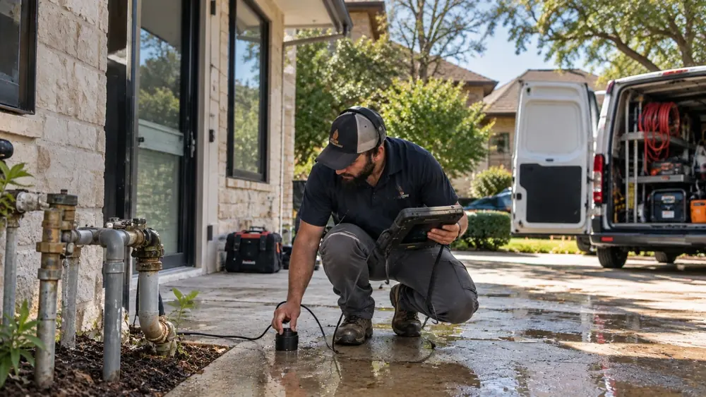 A technician kneeling beside a wet driveway edge, placing a listening sensor on the ground near exposed water pipes at the side of a house